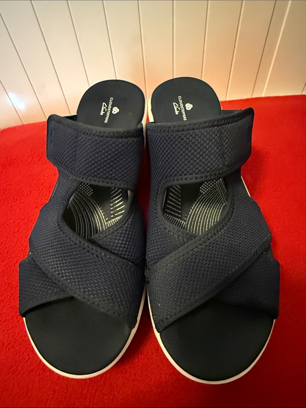 Clarks Navy Blue Wedge Slide Sandals - Women's